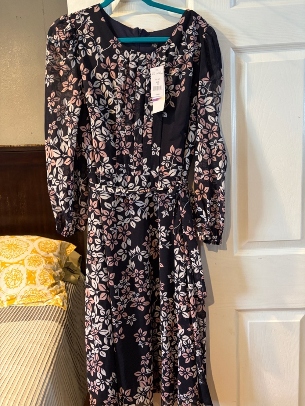 R&K Black Long-Sleeve Floral Midi Dress with Pink and White Flowers